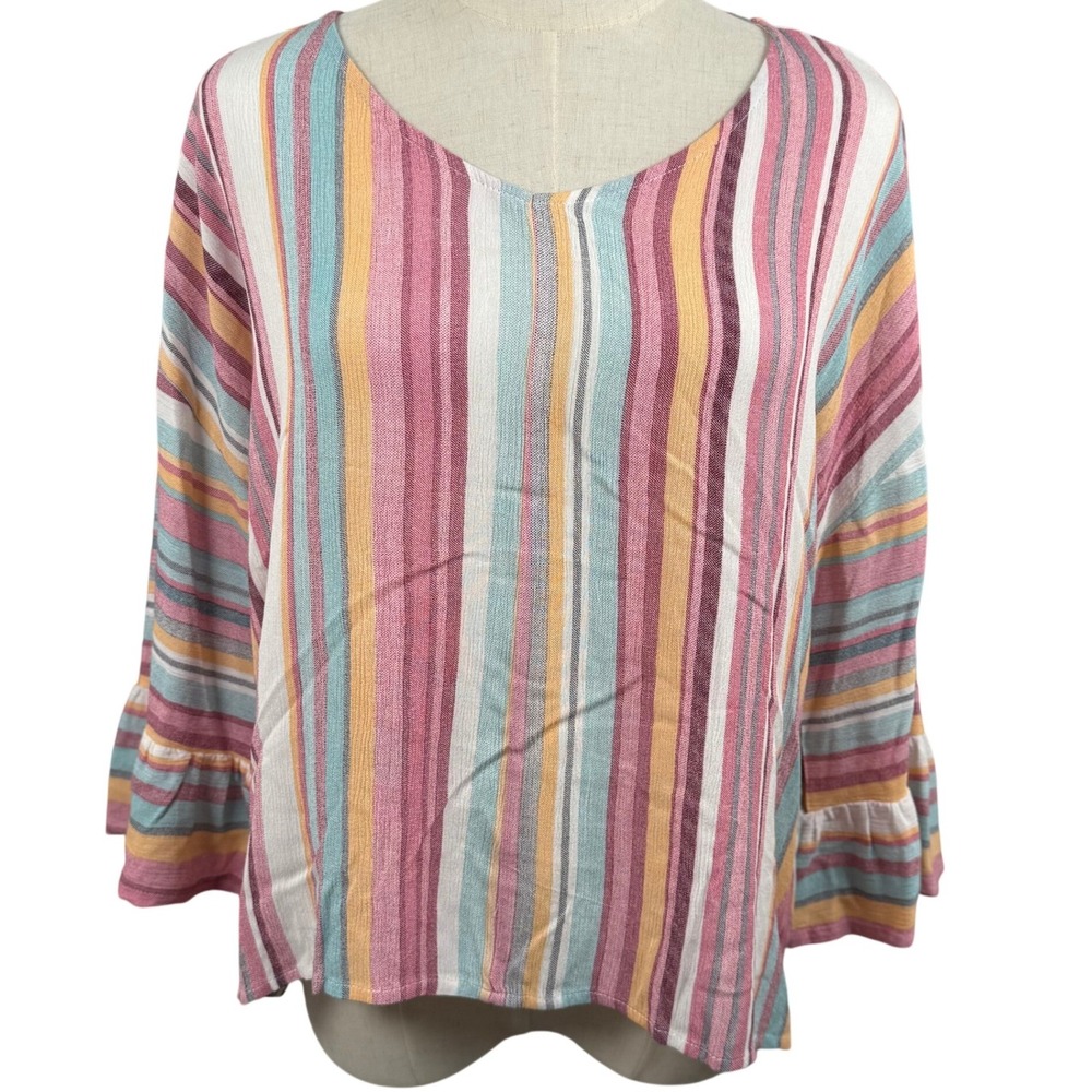 Coco‎ + Carmen S/M Millicent V Neck Ruffle Sleeve Top Striped Blouse Boho
